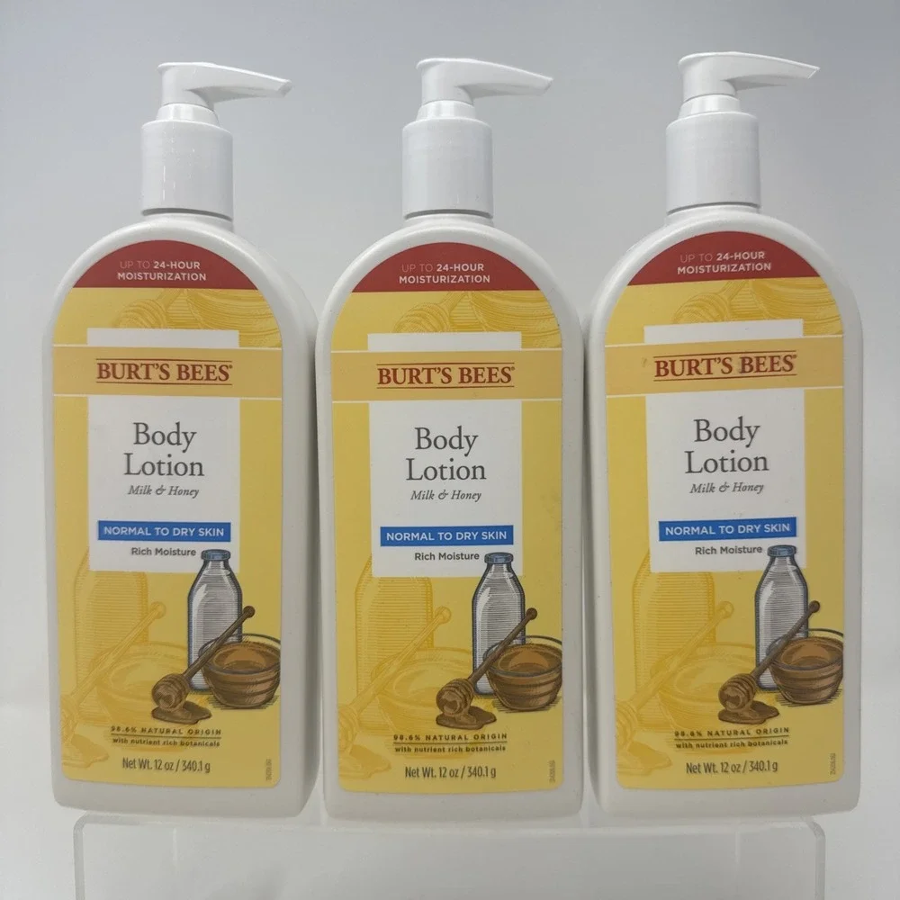 3 Burt's Bees Body Lotion Milk And Honey Normal to Dry Skin Rich Moisture 12 oz